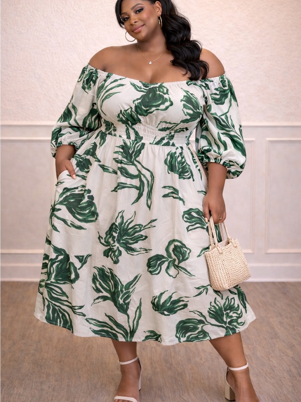 Off Shoulder Green Floral Midi Dress